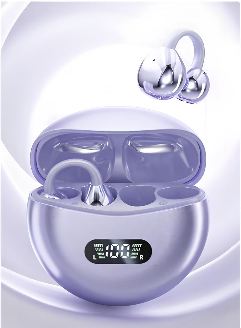 Apluynm Wireless Clip Headphones Buds with Bluetooth 5.49 Low Latency, HD Sound, LED Power Display Earphones Comfortable Fit Waterproof in-Ear Earbuds with Mic for Multi-Scenario Suitable for All Ages (Purple) - Image 2