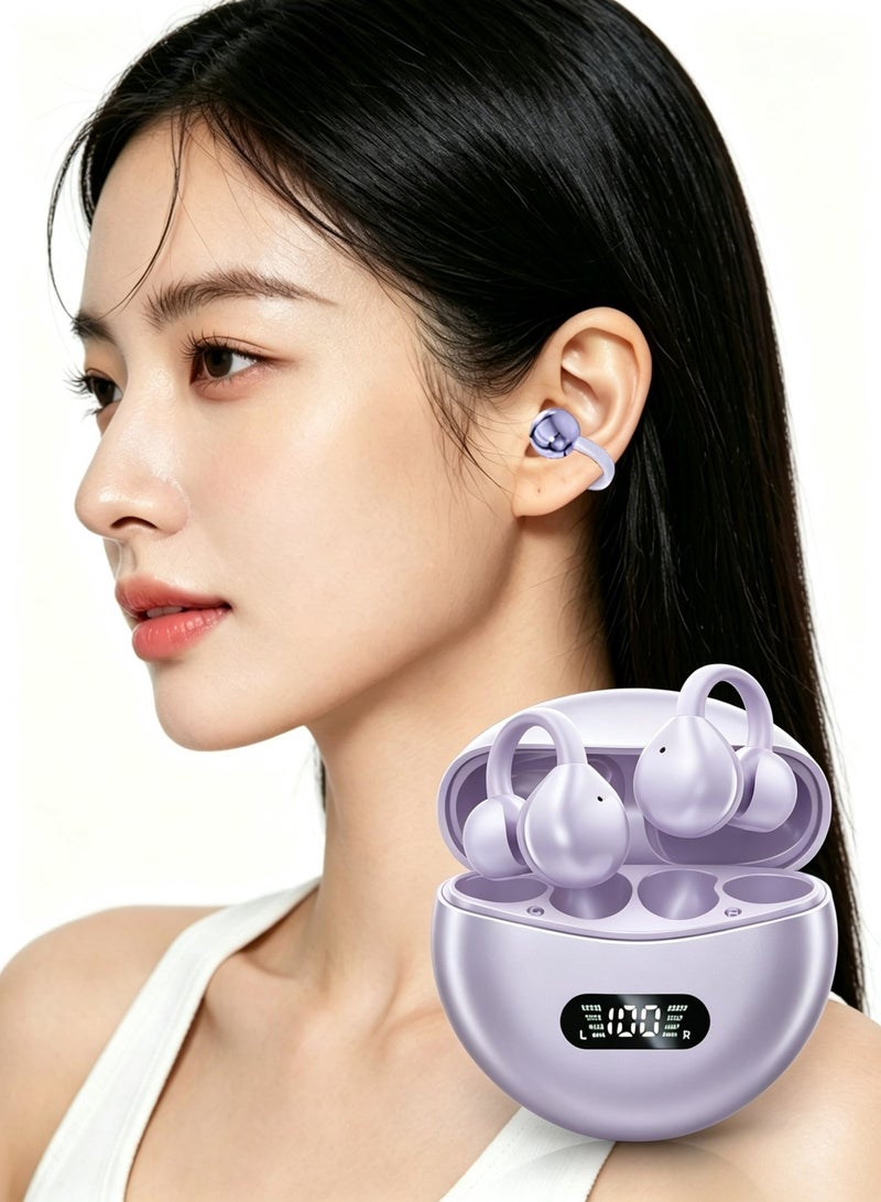 Apluynm Wireless Clip Headphones Buds with Bluetooth 5.49 Low Latency, HD Sound, LED Power Display Earphones Comfortable Fit Waterproof in-Ear Earbuds with Mic for Multi-Scenario Suitable for All Ages (Purple) - Image 1