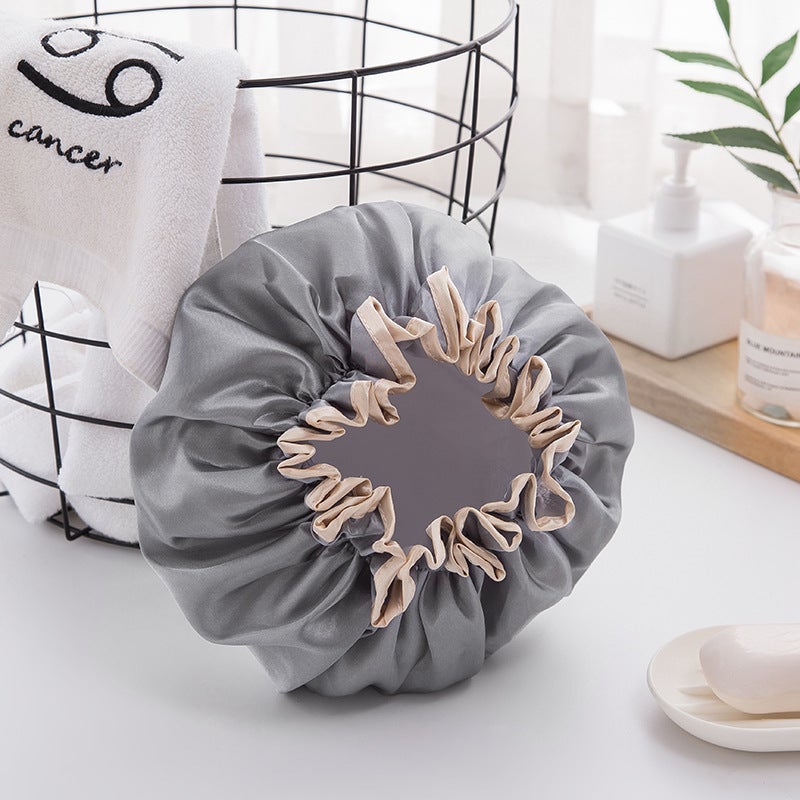 Household double-layer waterproof shower cap PEVA thickened womens oil-proof shampoo bath cap Gray 