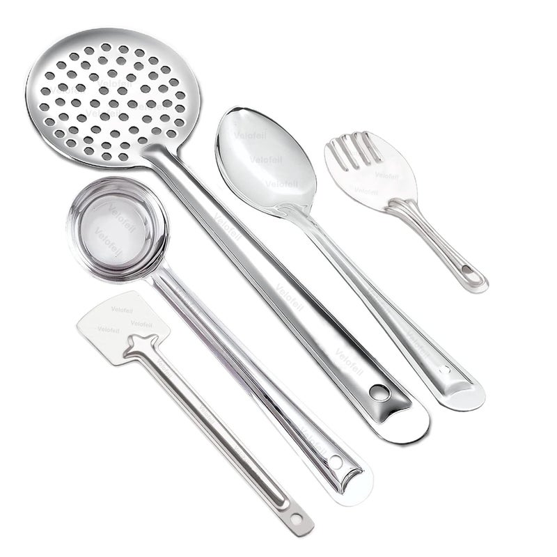 Velofeil Set of 5 Stainless Steel Kitchen Tools 235cm Panja Rice Spoon 285cm Large Pan Spoon 36cm Skimmer Jhara 315 cm Laddle 305cm Turner Spatula Ideal for Cooking Serving - Image 1