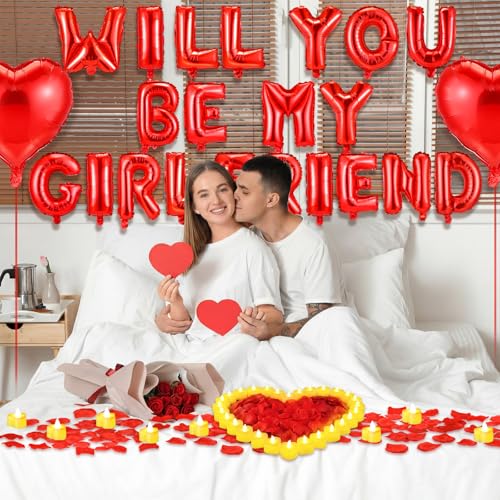 Seenelling Will You Be My Girlfriend Balloon Proposal Decor 24 LED Flameless Tealight Heart Candle 2000 Artificial Rose Petals Love Balloon for Engagement Wedding Decor Romantic Special NightWhite - Image 5