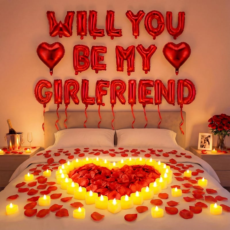 Seenelling Will You Be My Girlfriend Balloon Proposal Decor 24 LED Flameless Tealight Heart Candle 2000 Artificial Rose Petals Love Balloon for Engagement Wedding Decor Romantic Special NightWhite - Image 3