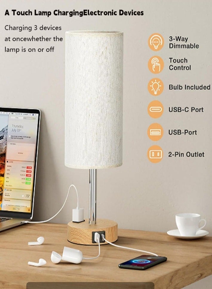 dida-cosmos Touch Control Table Lamp Bedside Lamp with USB Port Round Flaxen Fabric Shade (LED Bulb Included) - Image 2