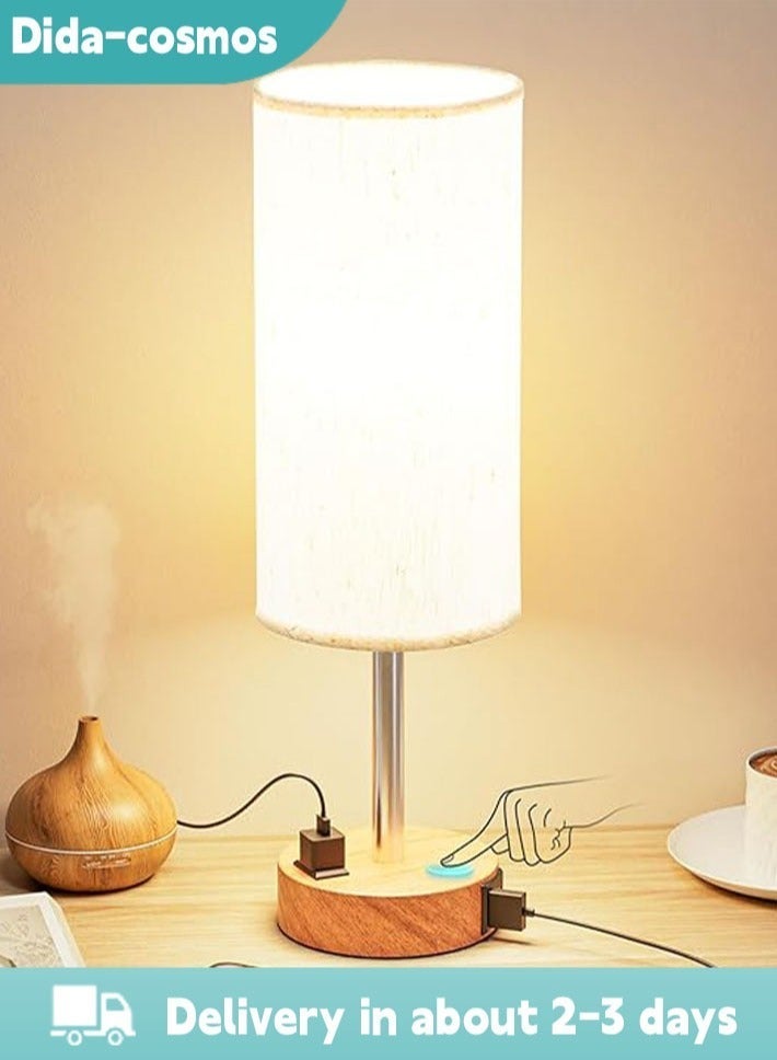 dida-cosmos Touch Control Table Lamp Bedside Lamp with USB Port Round Flaxen Fabric Shade (LED Bulb Included) - Image 1
