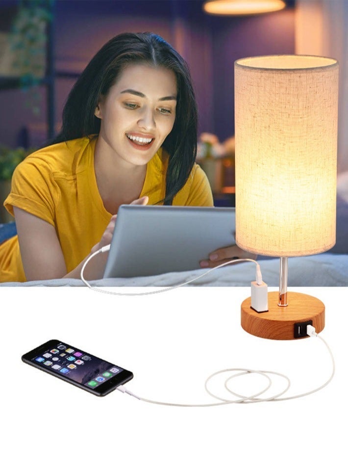 dida-cosmos Touch Control Table Lamp Bedside Lamp with USB Port Round Flaxen Fabric Shade (LED Bulb Included) - Image 5