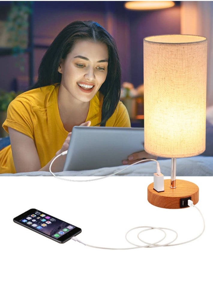 dida-cosmos - Touch Control Table Lamp Bedside Lamp with USB Port Round Flaxen Fabric Shade (LED Bulb Included) - Image 1
