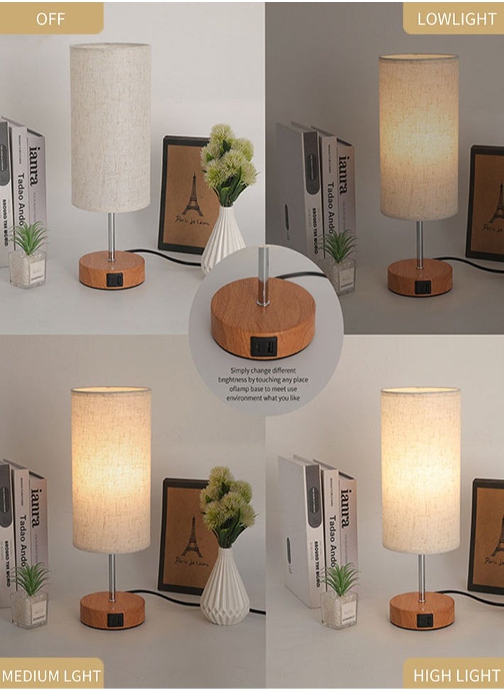 dida-cosmos - Touch Control Table Lamp Bedside Lamp with USB Port Round Flaxen Fabric Shade (LED Bulb Included) - Image 1