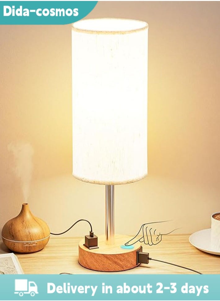 dida-cosmos - Touch Control Table Lamp Bedside Lamp with USB Port Round Flaxen Fabric Shade (LED Bulb Included) - Image 1
