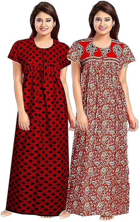 KBNBJ Nighty for Women Cotton Printed Maxi Gown Ankle Length Nighty Night Dress Gown for Women Maxi - (Pack of 2) (Free Size, 9 Ruby Red & Tomato Red) - Image 1