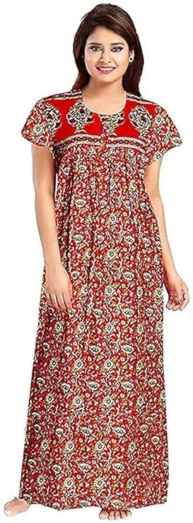 KBNBJ Nighty for Women Cotton Printed Maxi Gown Ankle Length Nighty Night Dress Gown for Women Maxi - (Pack of 2) (Free Size, 9 Ruby Red & Tomato Red) - Image 3