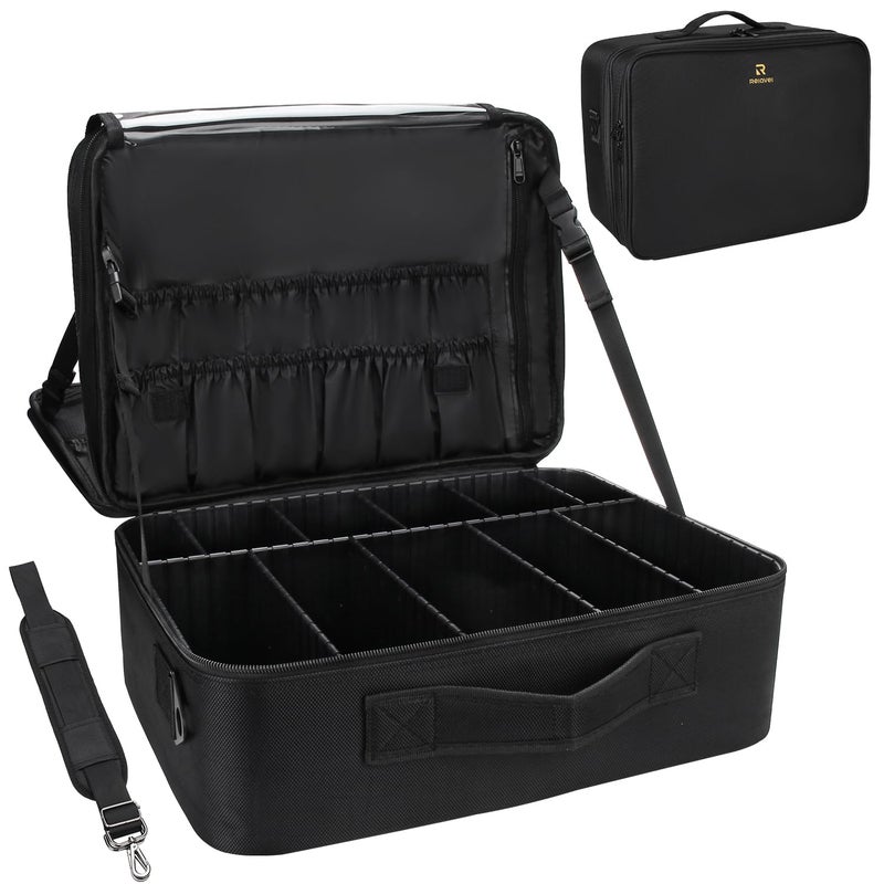 Relavel Extra Large Makeup Case with Plastic Dividers Washable and Easy to Clean, Travel Makeup Train Case Professional Makeup Artist Bag Portable Nail Organizer Box Art Supply Case (Black) - Image 1