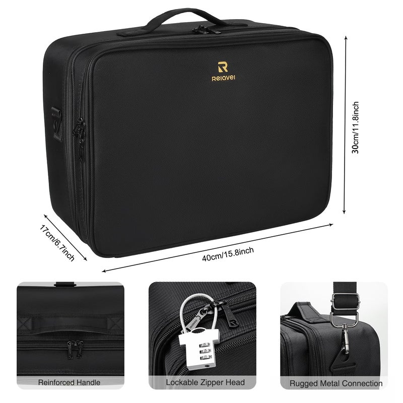 Relavel Extra Large Makeup Case with Plastic Dividers Washable and Easy to Clean, Travel Makeup Train Case Professional Makeup Artist Bag Portable Nail Organizer Box Art Supply Case (Black) - Image 5