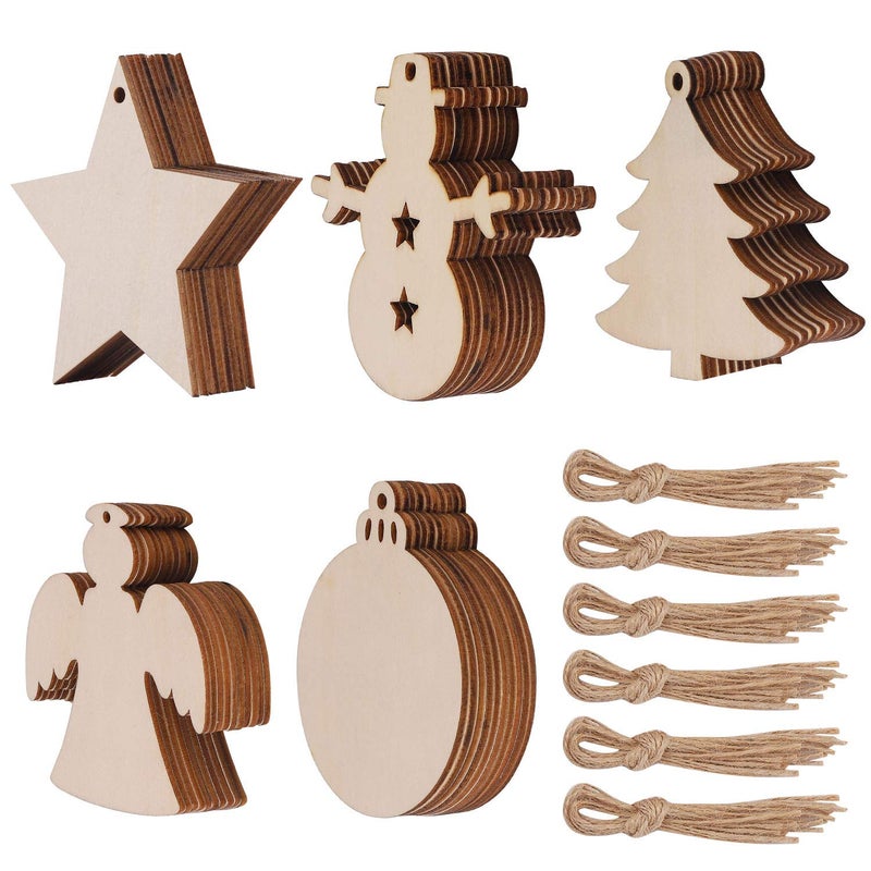 50 Pcs Unfinished Paintable Blank Wooden Christmas Festival Decoration Ornaments Xmas Tree Hanging Wood Slices for Kids DIY Art Crafts 5 DesignsChristmas Tree Snowman Stars Angel Round