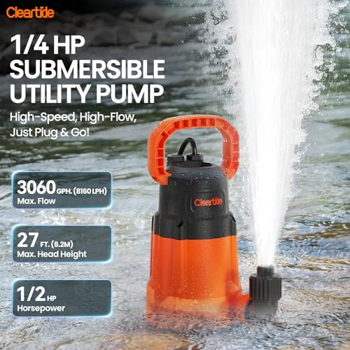 Cleartide Submersible Utility Water Pump, 1/2 HP 3060 GPH, Thermoplastic Portable Plug & Work, Ideal for Pool, Flooded Basement, Hot Tub, Pond & Garden Draining, Debris-Handling up to 3/8", 10 FT Cord - Image 2