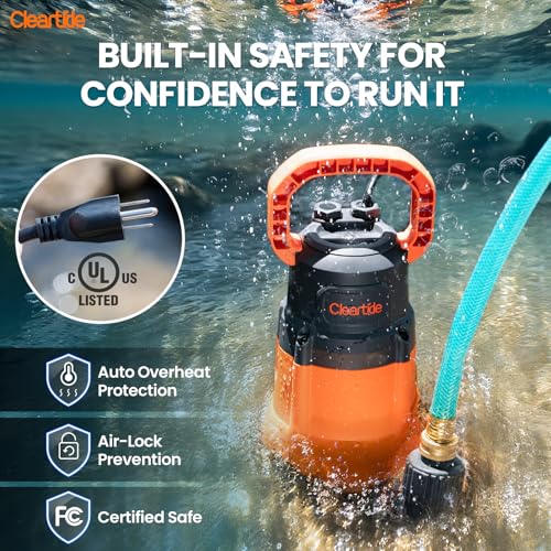 Cleartide Submersible Utility Water Pump, 1/2 HP 3060 GPH, Thermoplastic Portable Plug & Work, Ideal for Pool, Flooded Basement, Hot Tub, Pond & Garden Draining, Debris-Handling up to 3/8", 10 FT Cord - Image 5