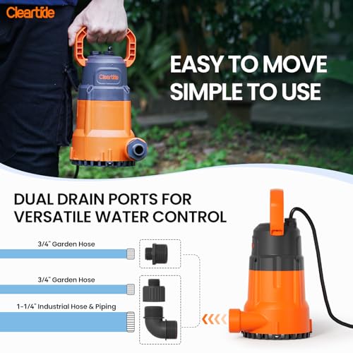 Cleartide Submersible Utility Water Pump, 1/2 HP 3060 GPH, Thermoplastic Portable Plug & Work, Ideal for Pool, Flooded Basement, Hot Tub, Pond & Garden Draining, Debris-Handling up to 3/8", 10 FT Cord - Image 3