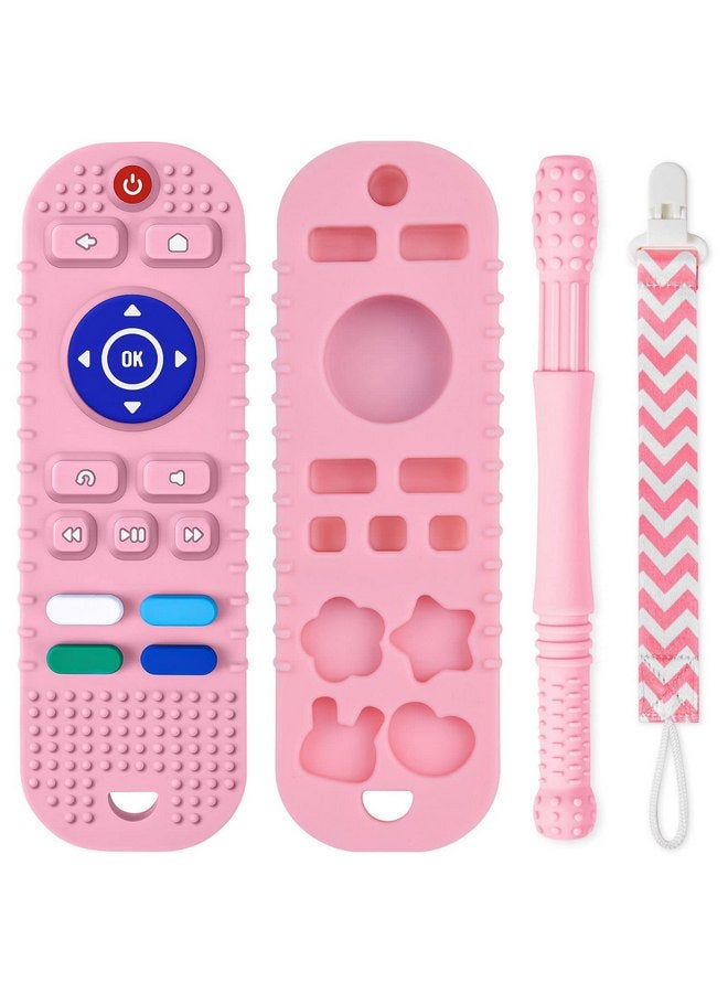 Aolso Silicone Baby Teething Toys, Remote Control Shape Teethers Toys with Teething Tubes and Pacifier Clip, Baby Teething Toys for 3+ Months, Remote Teething Toys BPA Free/Freezable/Dishwasher Safe(Pink) - Image 1