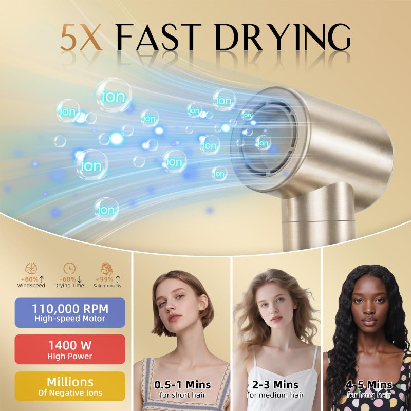 DORISILK 8 in 1 Hair Styler & Hair Dryer Brush Blow Dryer, 110,000 RPM High-Speed Hot Brush Styler and Auto Wrap Curlers, Ionic Smooth for Straightening Curling Volumizing Fast Drying, Champagne Gold - Image 3