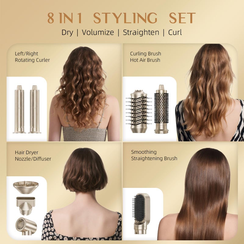 DORISILK 8 in 1 Hair Styler & Hair Dryer Brush Blow Dryer, 110,000 RPM High-Speed Hot Brush Styler and Auto Wrap Curlers, Ionic Smooth for Straightening Curling Volumizing Fast Drying, Champagne Gold - Image 2