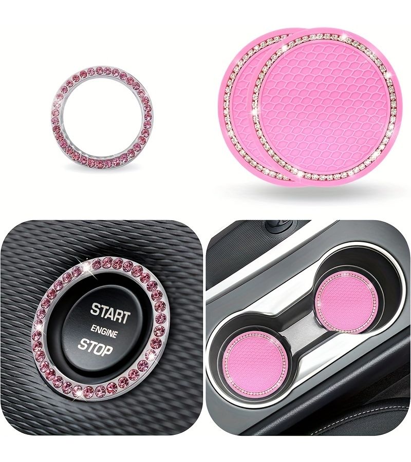 Pink Rhinestone Car Cup Coasters Set Heat Resistant Universal Interior Mats - Image 1