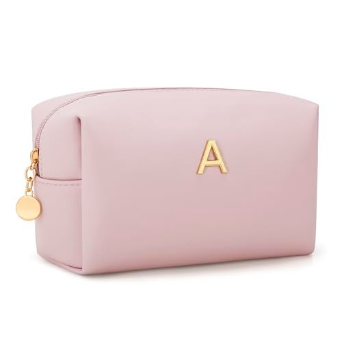 CLOUDWINGS Gifts for Women Bridesmaid Gifts Personalized Initial Makeup Bag PU Leather Cosmetic Waterproof Travel Toiletry Bag (Pink A) - Image 1