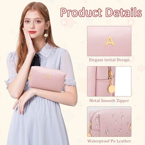 CLOUDWINGS Gifts for Women Bridesmaid Gifts Personalized Initial Makeup Bag PU Leather Cosmetic Waterproof Travel Toiletry Bag (Pink A) - Image 3