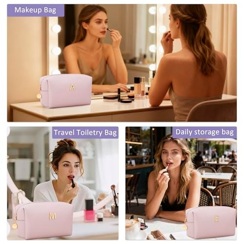 CLOUDWINGS Gifts for Women Bridesmaid Gifts Personalized Initial Makeup Bag PU Leather Cosmetic Waterproof Travel Toiletry Bag (Pink A) - Image 4