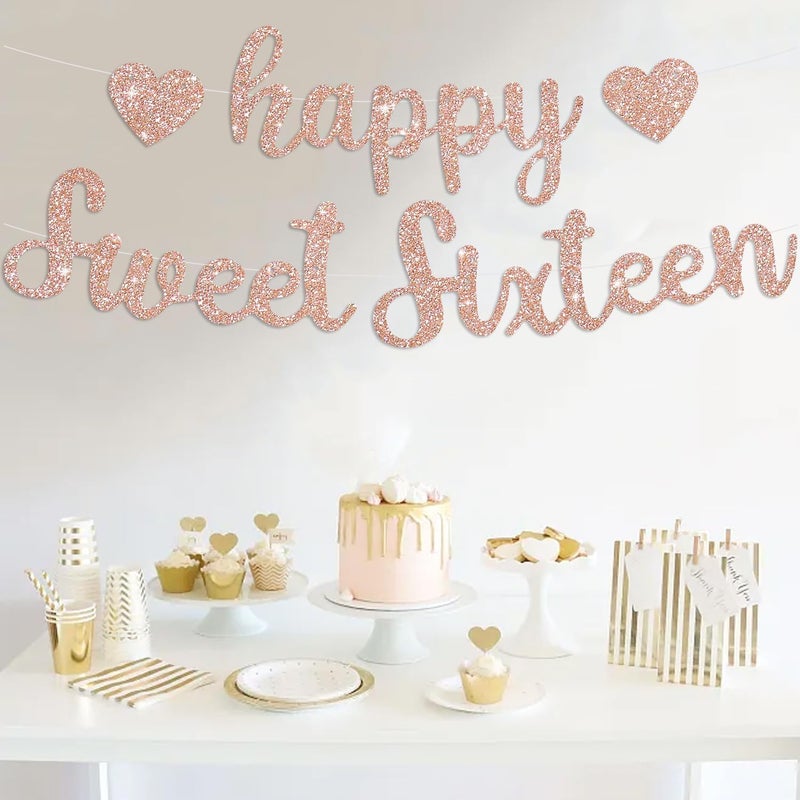 BEISHIDA Rose Gold Glitter Happy Sweet 16 Birthday Banner PreStrung Glitter Happy 16 Birthday Decoration for GirlsHappy 16th Birthday Sign for Women Girls - Image 5