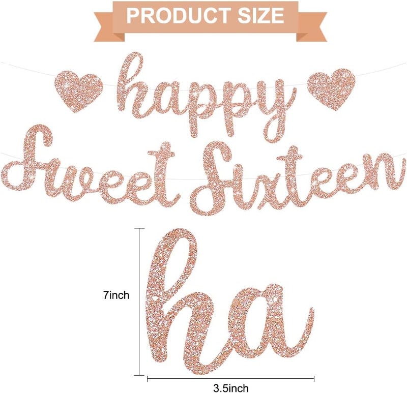 BEISHIDA Rose Gold Glitter Happy Sweet 16 Birthday Banner PreStrung Glitter Happy 16 Birthday Decoration for GirlsHappy 16th Birthday Sign for Women Girls - Image 2