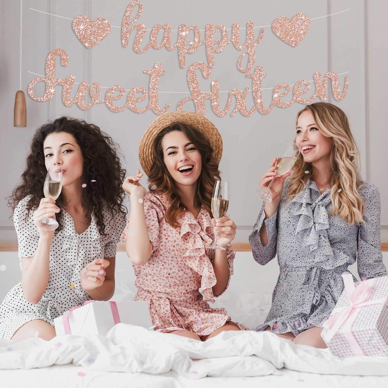 BEISHIDA Rose Gold Glitter Happy Sweet 16 Birthday Banner PreStrung Glitter Happy 16 Birthday Decoration for GirlsHappy 16th Birthday Sign for Women Girls - Image 4