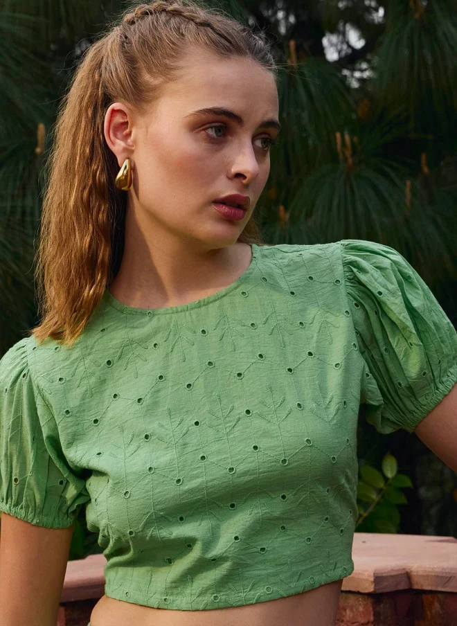 SASSAFRAS Green Schiffli Embroidered Top And Skirt Set For Women