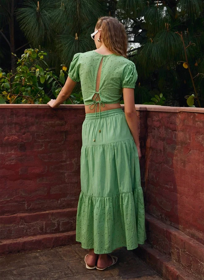 SASSAFRAS Green Schiffli Embroidered Top And Skirt Set For Women