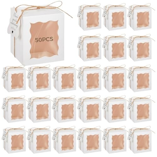 Varku 50 Pcs Clear Gift Boxes for Candles, White Square Packaging with Thank You Tags, 10oz Candle Box Packaging with Twine for Favors, Weddings, and Birthdays - Image 1