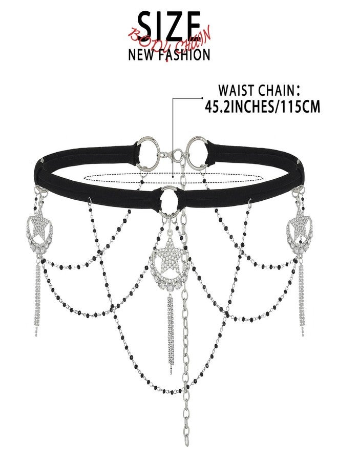 ELABEST Rhinestone Moon Star Chain Belt Velvet Wasit Belt Black Layered Bead Wasit Chain for Women(Moon star A) - Image 5