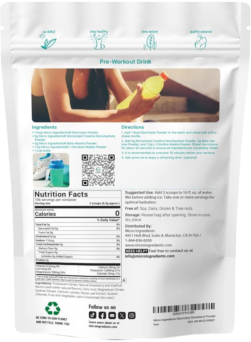 مايكرو إنجريدينس مسحوق إلكتروليت ترطيب من Micro Ingredients عالي البوتاسيوم (1,000 مجم) خالٍ من السكر بنكهة الفراولة والكيوي - 2 رطل (907 جم) - Image 2