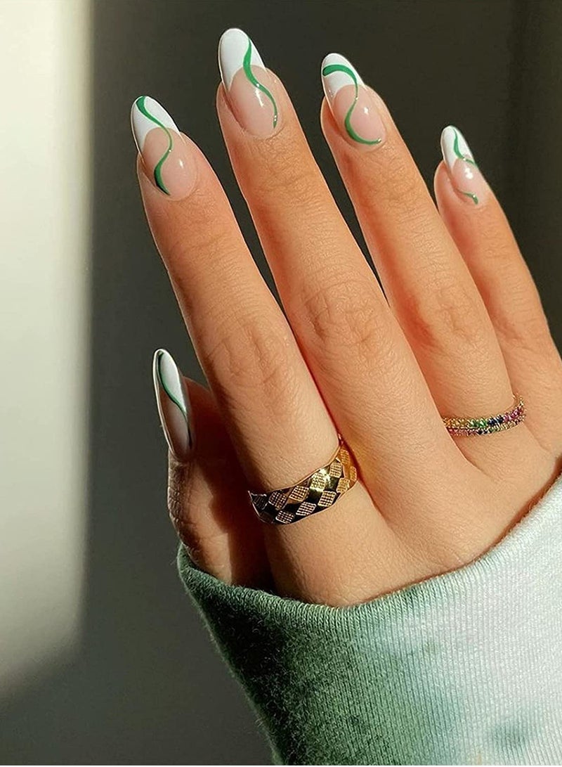 KASTWAVE 24 Pcs Almond French Nails Maiden Medium Length Stick on Nude White Stripes Acrylic Press Green Swirl Artificial Abstract Nail Art Tips for Women and Girls - Image 1
