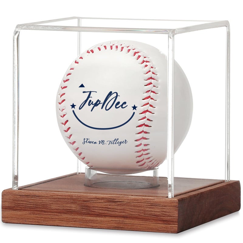 JupDec Baseball Display Case - Clear Cube Baseball Holder with Wooden Base, Autograph Stand Box for Single Ball, Acacia Wood, Brown, 1 Pack - Image 1