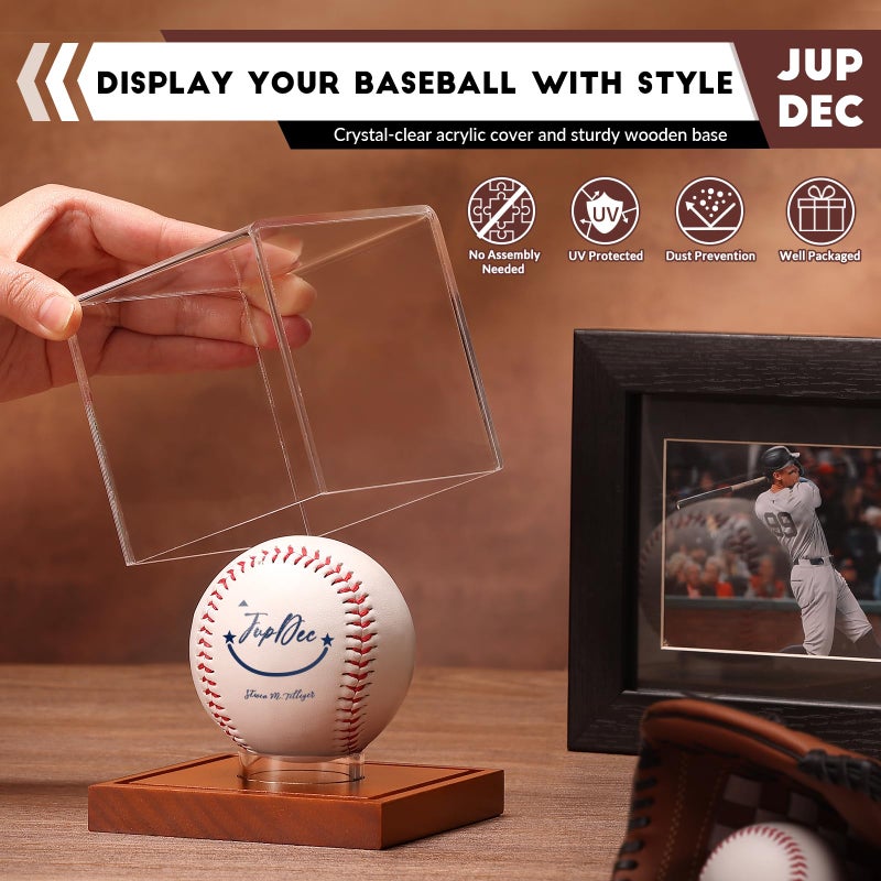 JupDec Baseball Display Case - Clear Cube Baseball Holder with Wooden Base, Autograph Stand Box for Single Ball, Acacia Wood, Brown, 1 Pack - Image 2