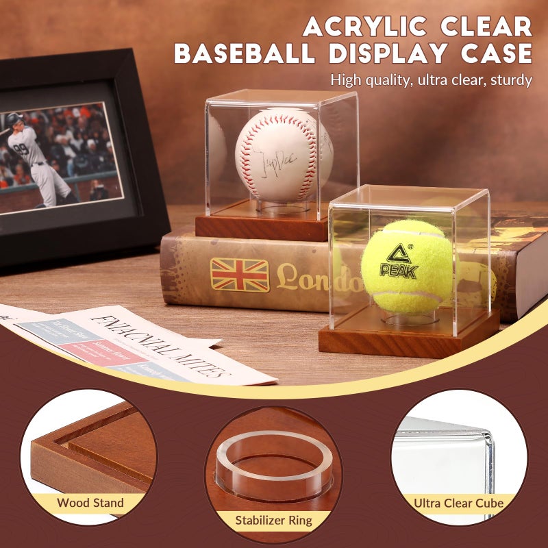 JupDec Baseball Display Case - Clear Cube Baseball Holder with Wooden Base, Autograph Stand Box for Single Ball, Acacia Wood, Brown, 1 Pack - Image 3