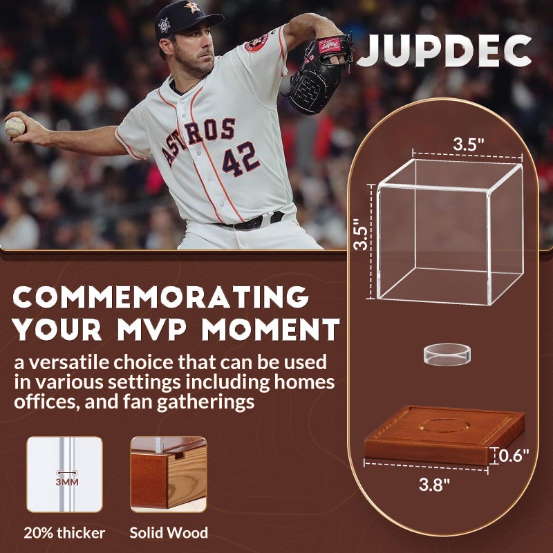 JupDec Baseball Display Case - Clear Cube Baseball Holder with Wooden Base, Autograph Stand Box for Single Ball, Acacia Wood, Brown, 1 Pack - Image 5