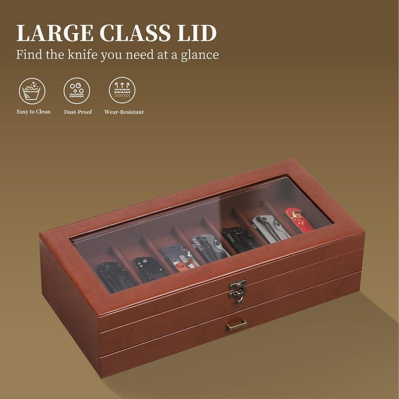 AUTOARK 2-Tier PU Leather & Velvet Knife Organizer with 17 Slots,Transparent Glass Top & Drawer,Compact Storage for Pocket Knives,Perfect for Men's Collections & Gifts,Coffee,MKAW012 - Image 5