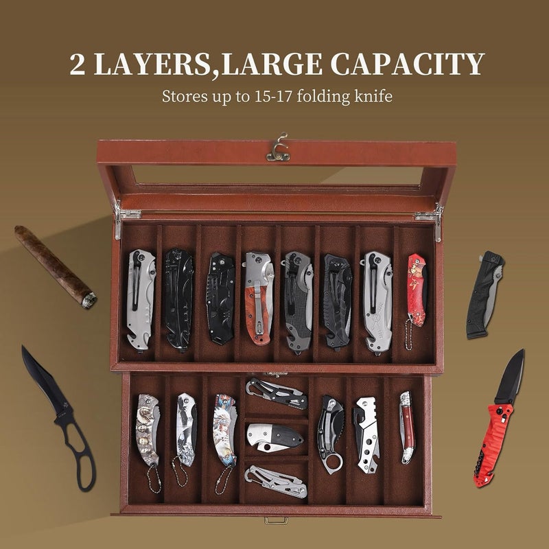 AUTOARK 2-Tier PU Leather & Velvet Knife Organizer with 17 Slots,Transparent Glass Top & Drawer,Compact Storage for Pocket Knives,Perfect for Men's Collections & Gifts,Coffee,MKAW012 - Image 4