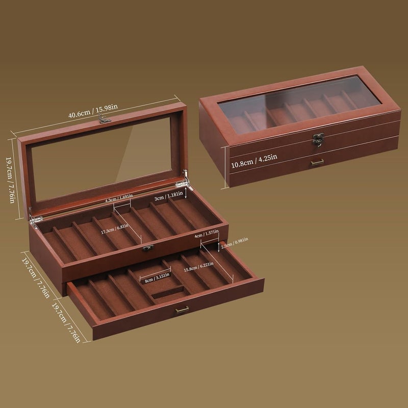 AUTOARK 2-Tier PU Leather & Velvet Knife Organizer with 17 Slots,Transparent Glass Top & Drawer,Compact Storage for Pocket Knives,Perfect for Men's Collections & Gifts,Coffee,MKAW012 - Image 2