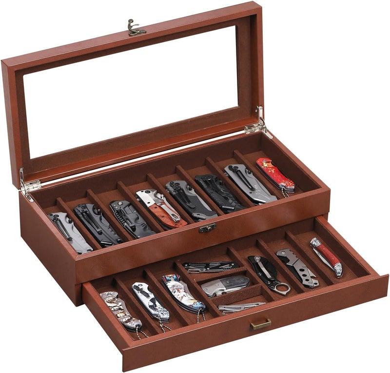 AUTOARK 2-Tier PU Leather & Velvet Knife Organizer with 17 Slots,Transparent Glass Top & Drawer,Compact Storage for Pocket Knives,Perfect for Men's Collections & Gifts,Coffee,MKAW012 - Image 1