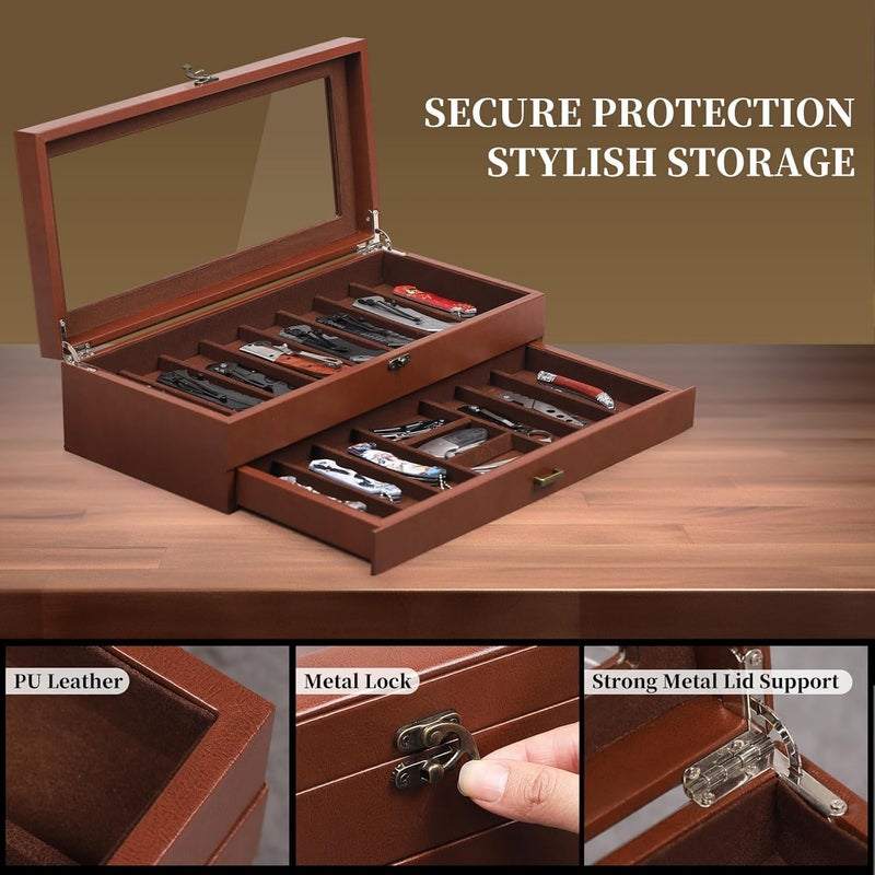 AUTOARK 2-Tier PU Leather & Velvet Knife Organizer with 17 Slots,Transparent Glass Top & Drawer,Compact Storage for Pocket Knives,Perfect for Men's Collections & Gifts,Coffee,MKAW012 - Image 3