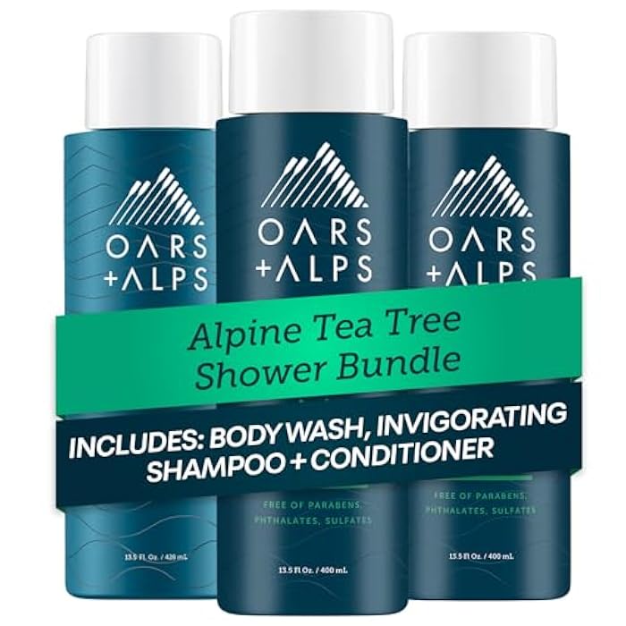 Oars + Alps Men's Sulfate Free Hair Shampoo, Conditioner, and Body Wash Kit, Moisturizing Skin Care Infused with Witch Hazel and Tea Tree Oil, Alpine Tea Tree Scent - Image 1