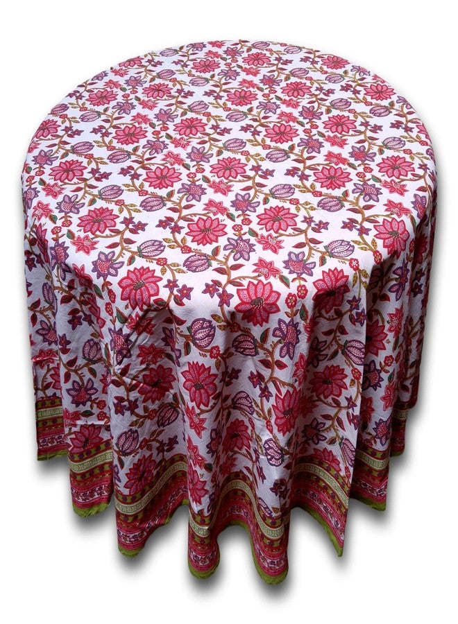 India Arts Floral Tablecloth for Round Tables Pink Red Green White Cotton Floral Kitchen Table Linen Round 90 inches - Image 2