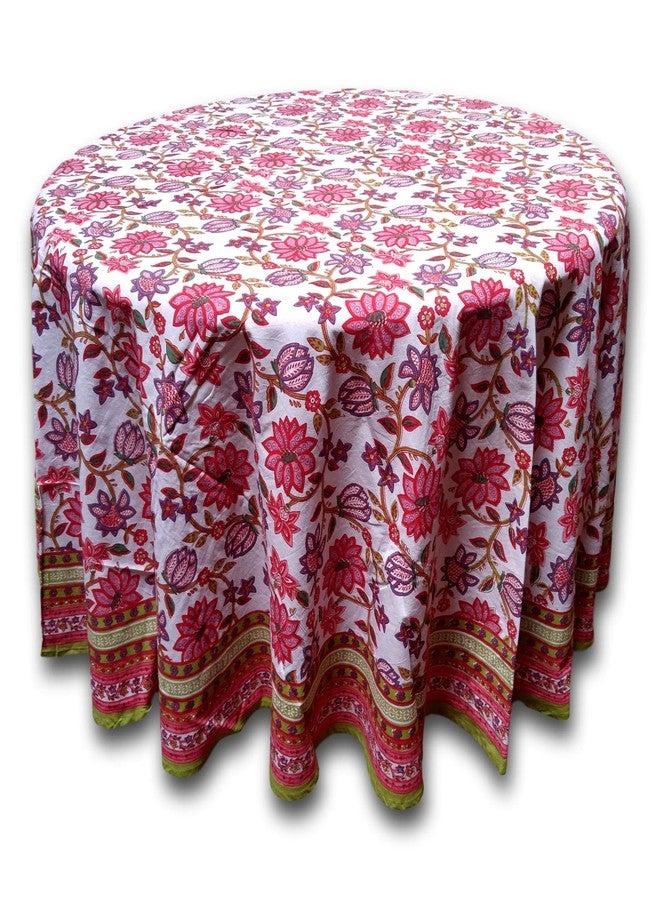 India Arts Floral Tablecloth for Round Tables Pink Red Green White Cotton Floral Kitchen Table Linen Round 90 inches - Image 1