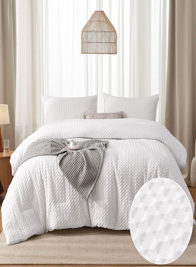 Yiran White Comforter Set Waffle Seersucker Checkered Comforter Checkered Bedding Set,3 Pieces(1 Comforter and 2 Pillowcases),Soft Microfiber,King 104"×90” - Image 1