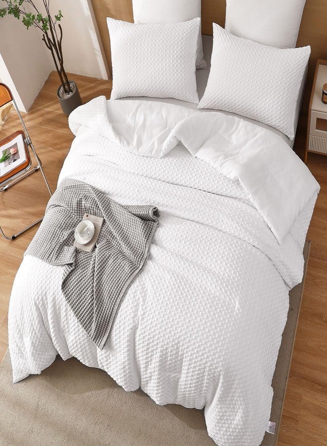 Yiran White Comforter Set Waffle Seersucker Checkered Comforter Checkered Bedding Set,3 Pieces(1 Comforter and 2 Pillowcases),Soft Microfiber,King 104"×90” - Image 3